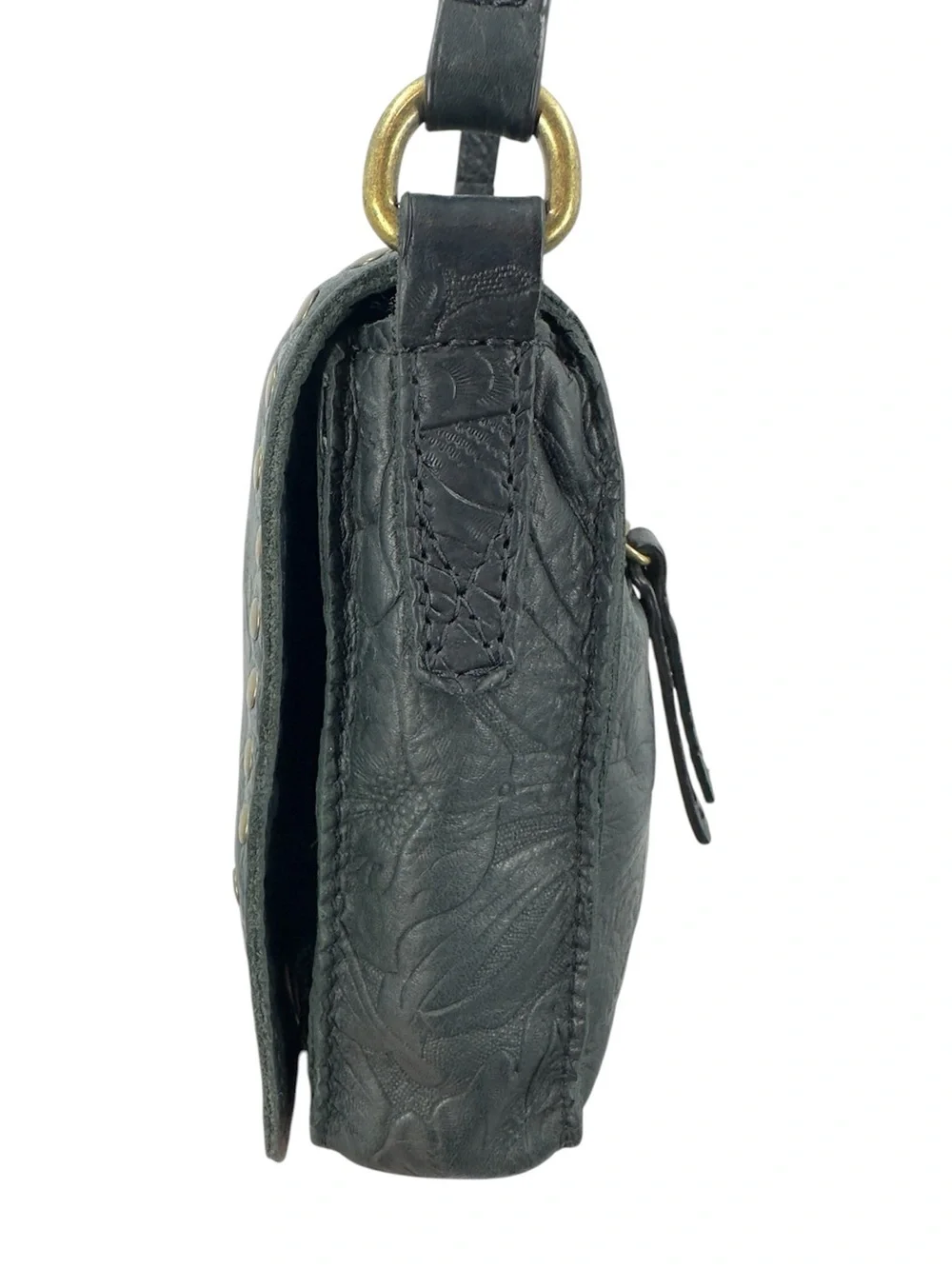 American Leather Co Tooled Leather Crossbody Purse Studded Boho Classic Flap Bag